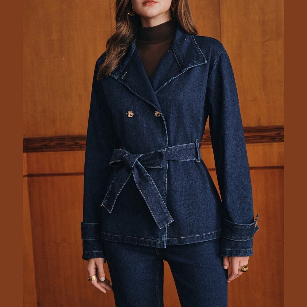 Dark Indigo Denim Belted Double Breasted Trench Jean Jacket